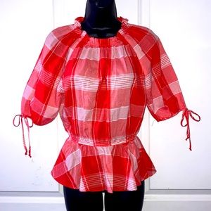 NEW WAVERLY GREY Bright Orange Plaid Peplum Blouse Puffy Short Sleeve Top S USA